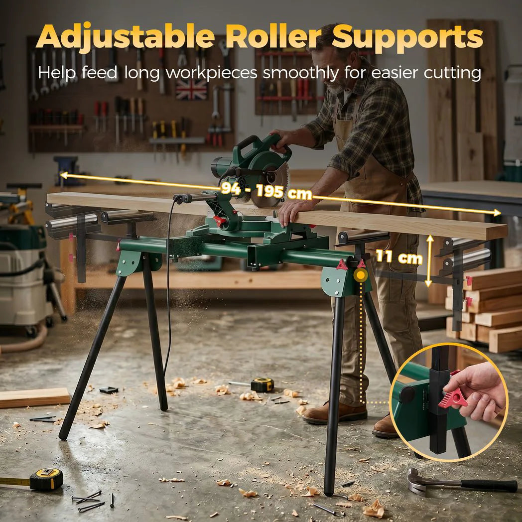 HOMCOM Universal Mitre Saw Stand with Adjustable Rollers and Support Arms – Portable Folding Stand, 150kg Load