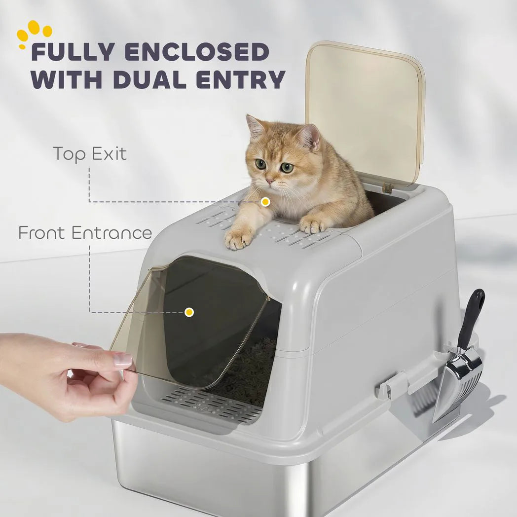 PawHut Extra Large Stainless Steel Enclosed Cat Litter Box with Scoop – Front-Entry and Top-Exit Tray