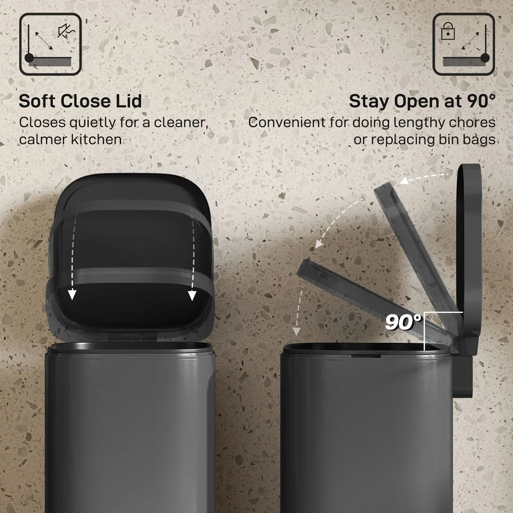 HOMCOM 30L Compact Kitchen Pedal Bin with Soft-Close and Stay-Open Lid – Removable Bucket, Black