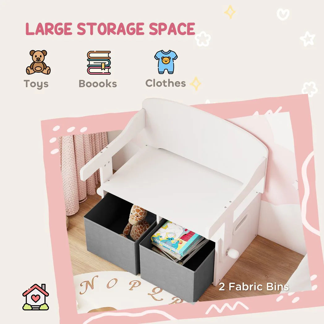 AIYAPLAY 3 in 1 Kids Storage Bench – Convertible Table and Chair Set with 2 Fabric Bins and Toy Box, White
