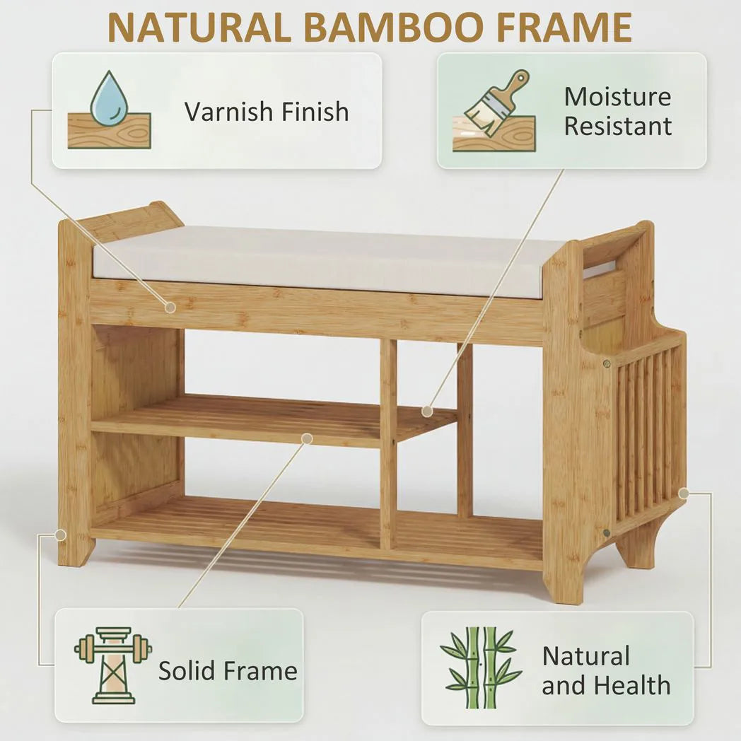 HOMCOM Bamboo Shoe Bench with Boot Section & Cushioned Seat, 80 x 30 x 50 cm – Natural & Cream