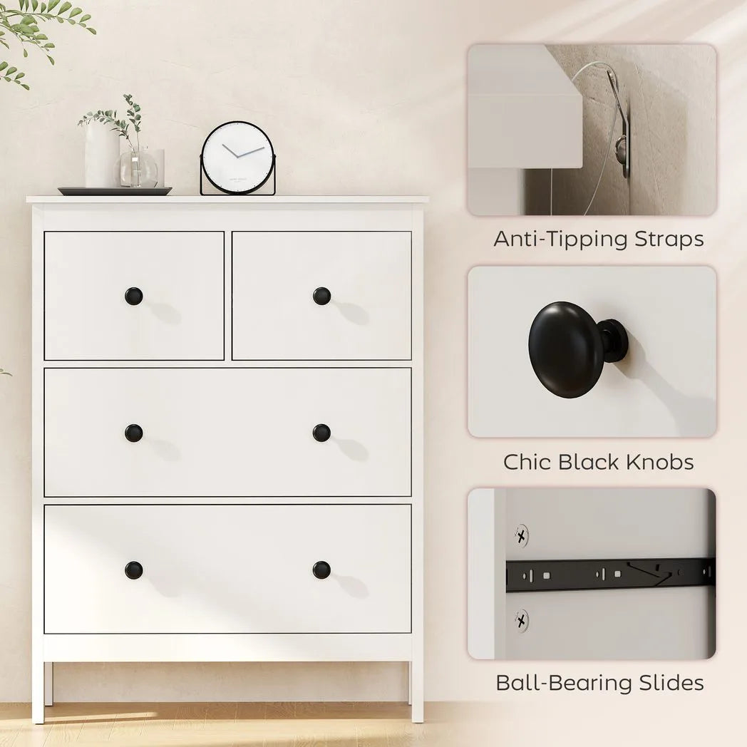 HOMCOM Modern 4-Drawer Chest of Drawers with Anti-Tip Straps – Clothes Storage Dresser for Bedroom, Hallway, White