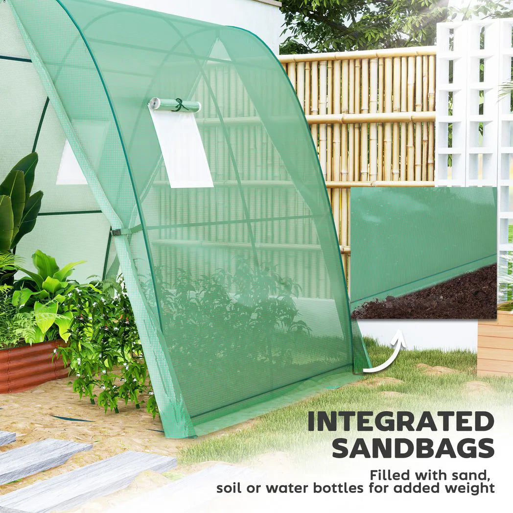 Outsunny Walk-In Polytunnel Greenhouse with Sandbags, 2 Zipped Doors & Mesh Windows, 1.8 x 1.8 x 2 m, Green