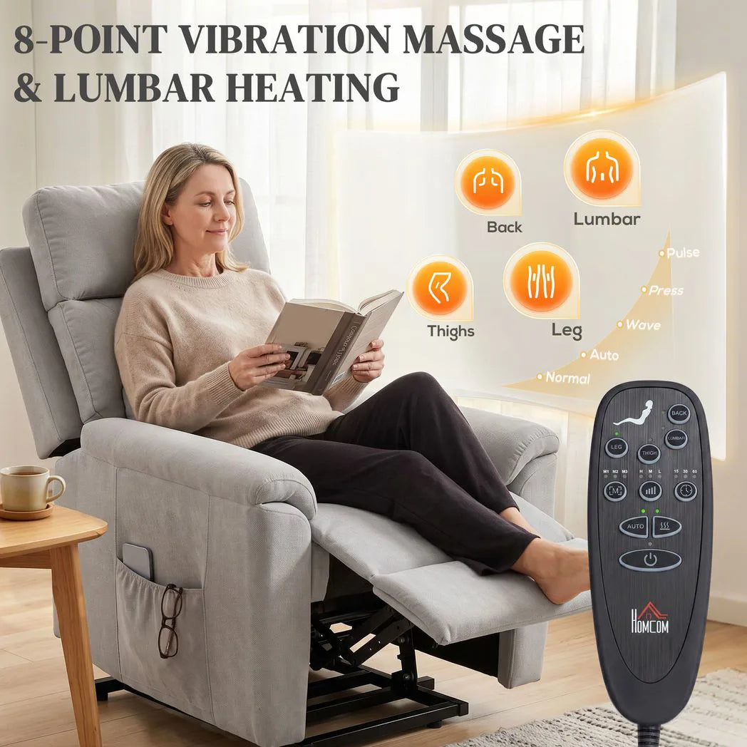 HOMCOM Power Lift Recliner Chair with Massage & Heat – Electric Lift Chair, Terry Cloth, Light Grey
