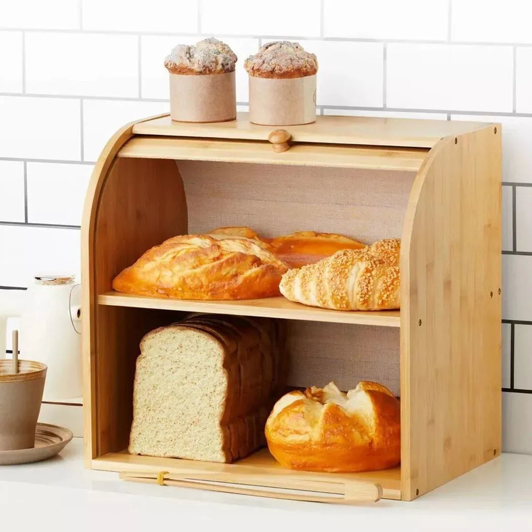 2-Tier Bamboo Bread Bin with Roll Top Lid and Sliding Door – Kitchen Food Storage Box with Food Clip