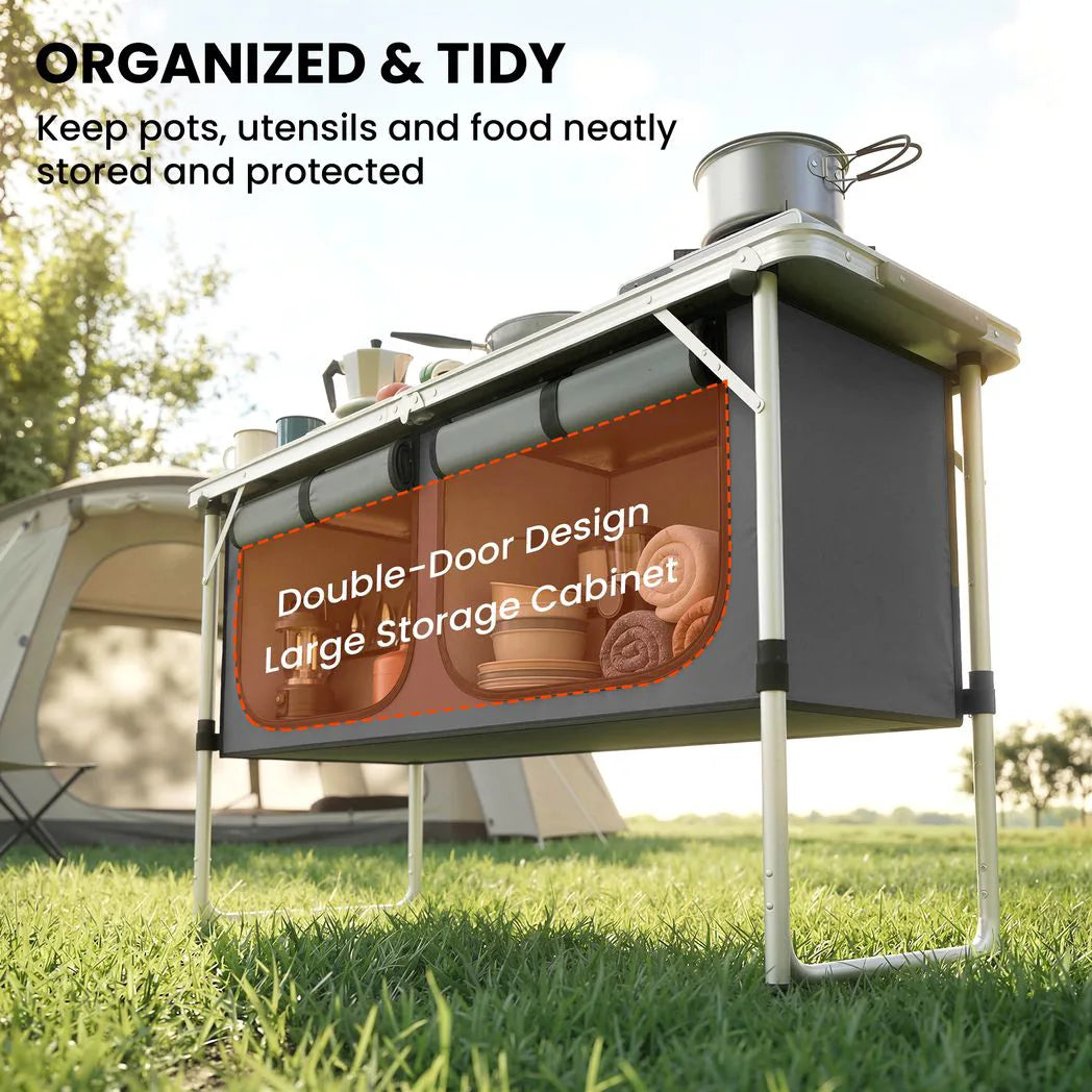 Outsunny Folding Aluminium Camping Kitchen with Storage Cupboard and 120cm Tabletop – Outdoor BBQ Unit