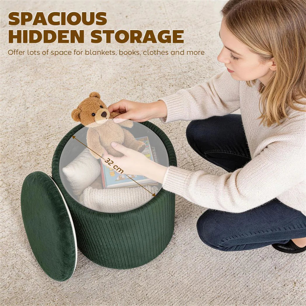 HOMCOM Velvet Round Storage Ottoman with Flip Lid & Marble-Effect Top – 45cm Footstool, Dark Green