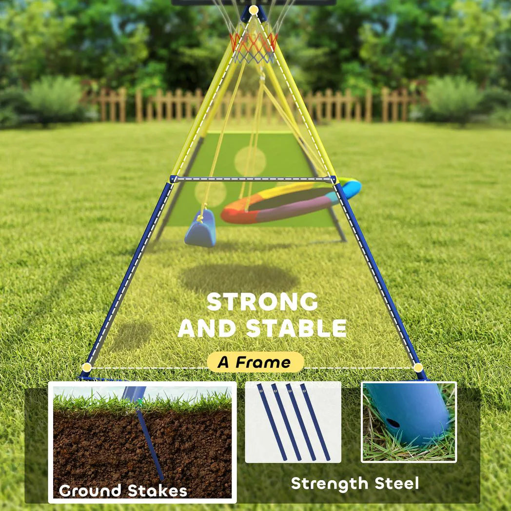 AIYAPLAY 4-in-1 Kids Swing Set with Saucer Swing, Basketball Hoop & Football Goal – Outdoor Garden Playset