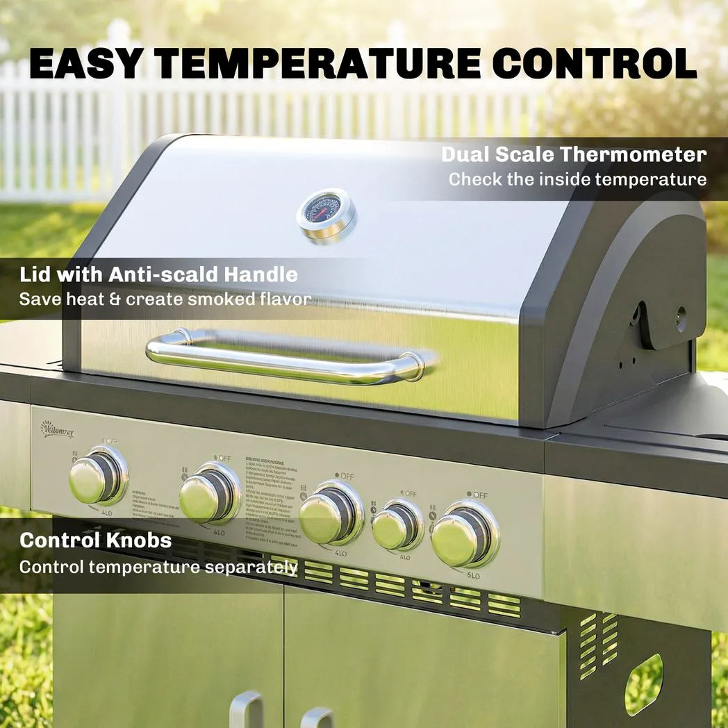 Outsunny 4 Burner Gas BBQ Grill with Side Burner, Warming Rack, Side Shelf & Storage Cabinet – Portable Propane Barbecue