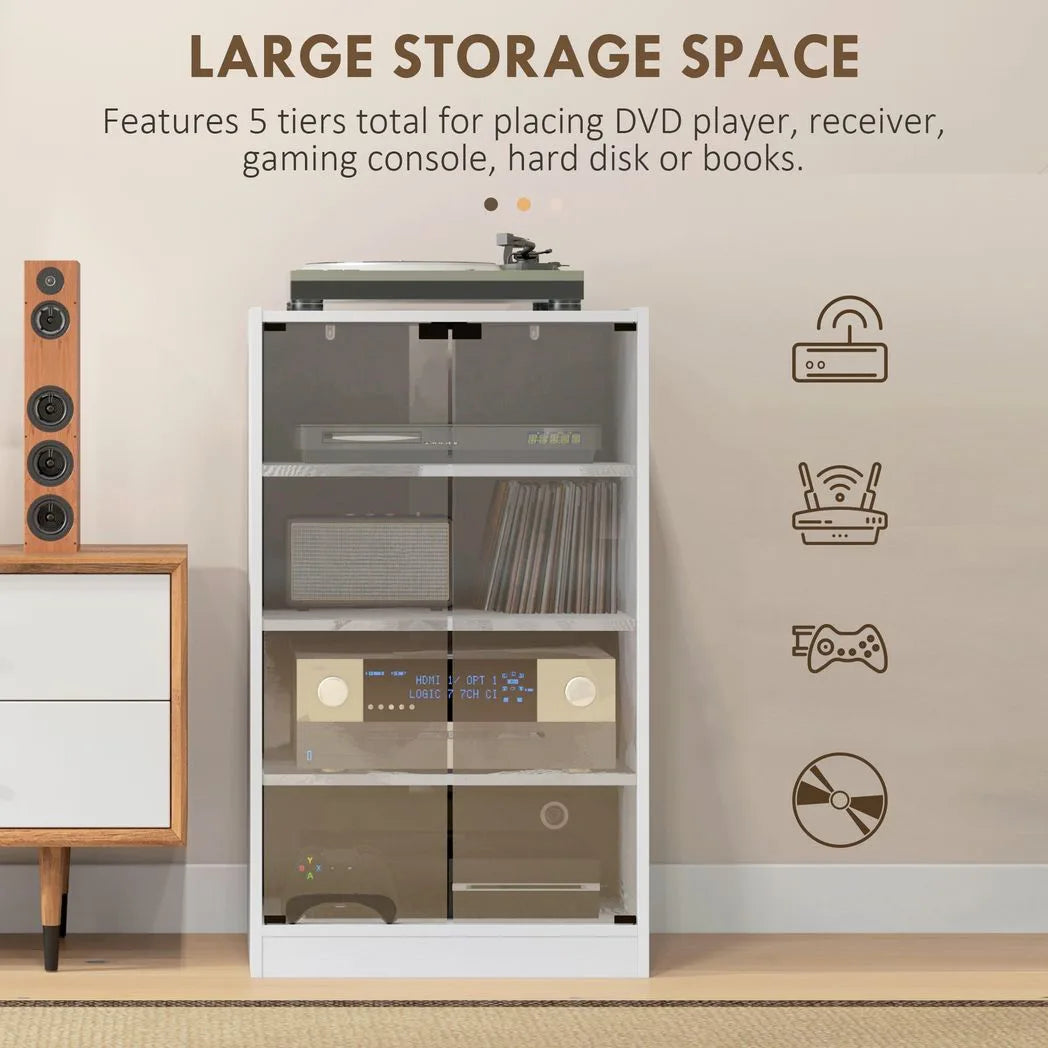 HOMCOM 4-Tier Hi-Fi Stand with Push-to-Open Glass Doors and Adjustable Shelves – Record Player Cabinet, White