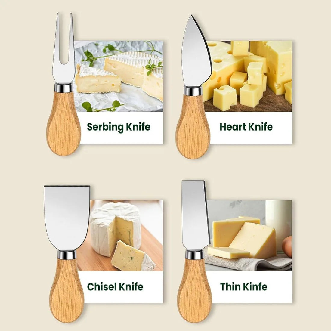 4-Piece Cheese Knife and Spatula Set with Round Rubberwood Box – Stainless Steel Blades, Gift Cheese Tools