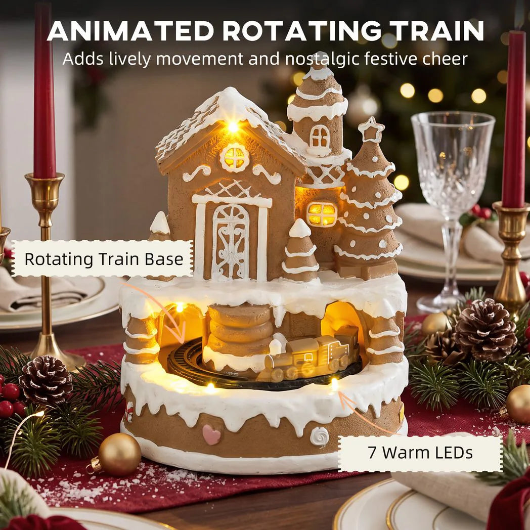 HOMCOM Christmas Gingerbread House with Rotating Train, LEDs & 8 Tunes – Lighted Musical Snow Village
