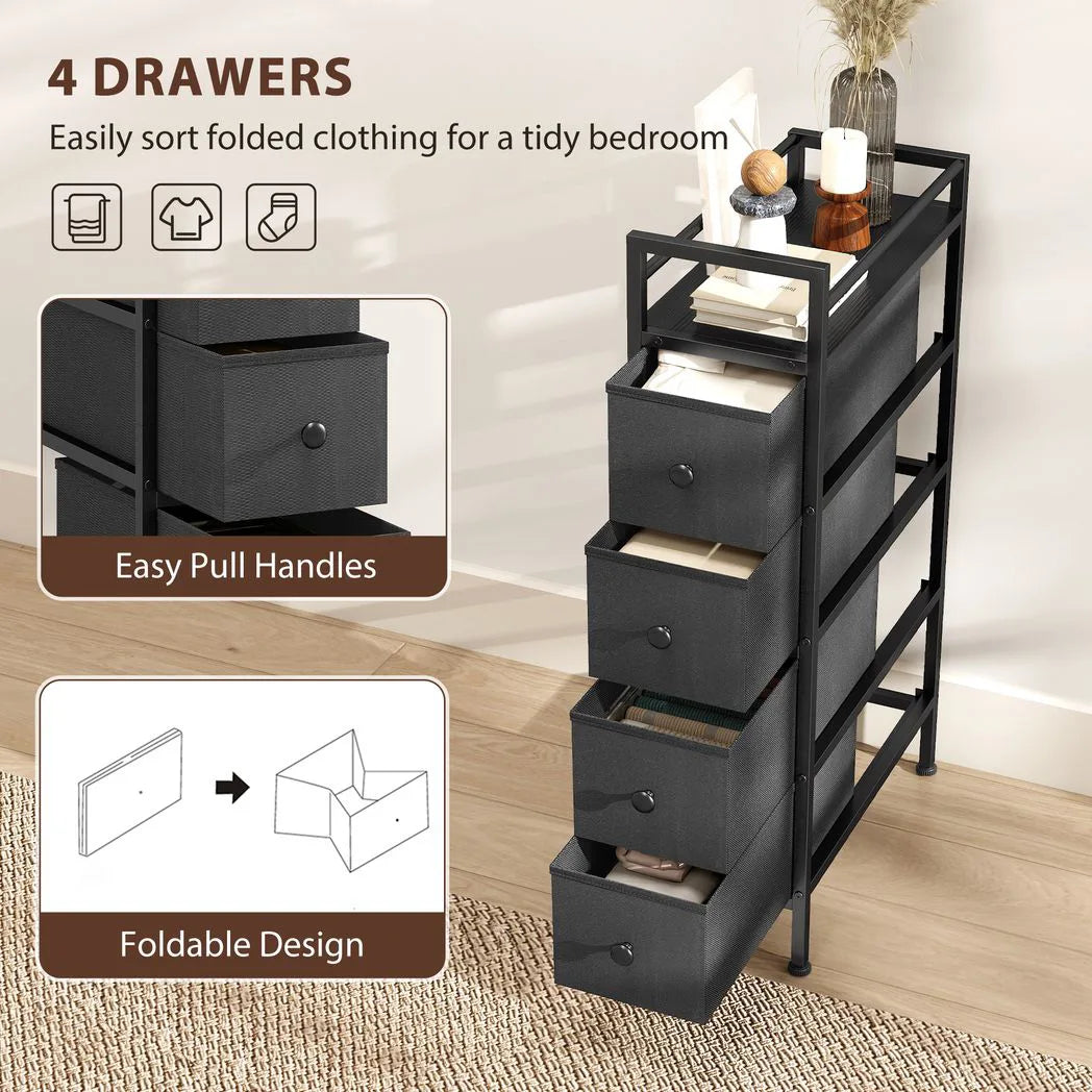 HOMCOM 4 Drawer Slim Fabric Chest of Drawers with Steel Frame – Narrow 20 cm Storage Cabinet for Small Spaces, Black