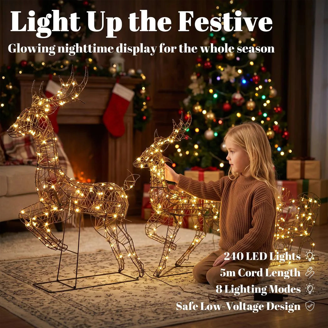 Outsunny Lighted Rattan Reindeer & Sleigh – 3 Piece