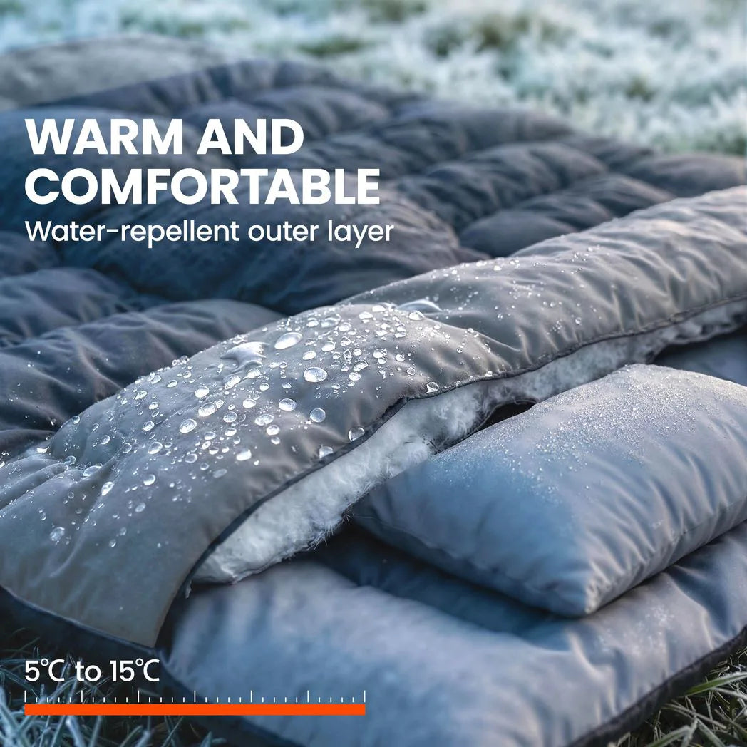 Outsunny Double Sleeping Bag with 2 Pillows, 220 x 160cm – Extra-Large Camping Bag for Adults, Black and Grey