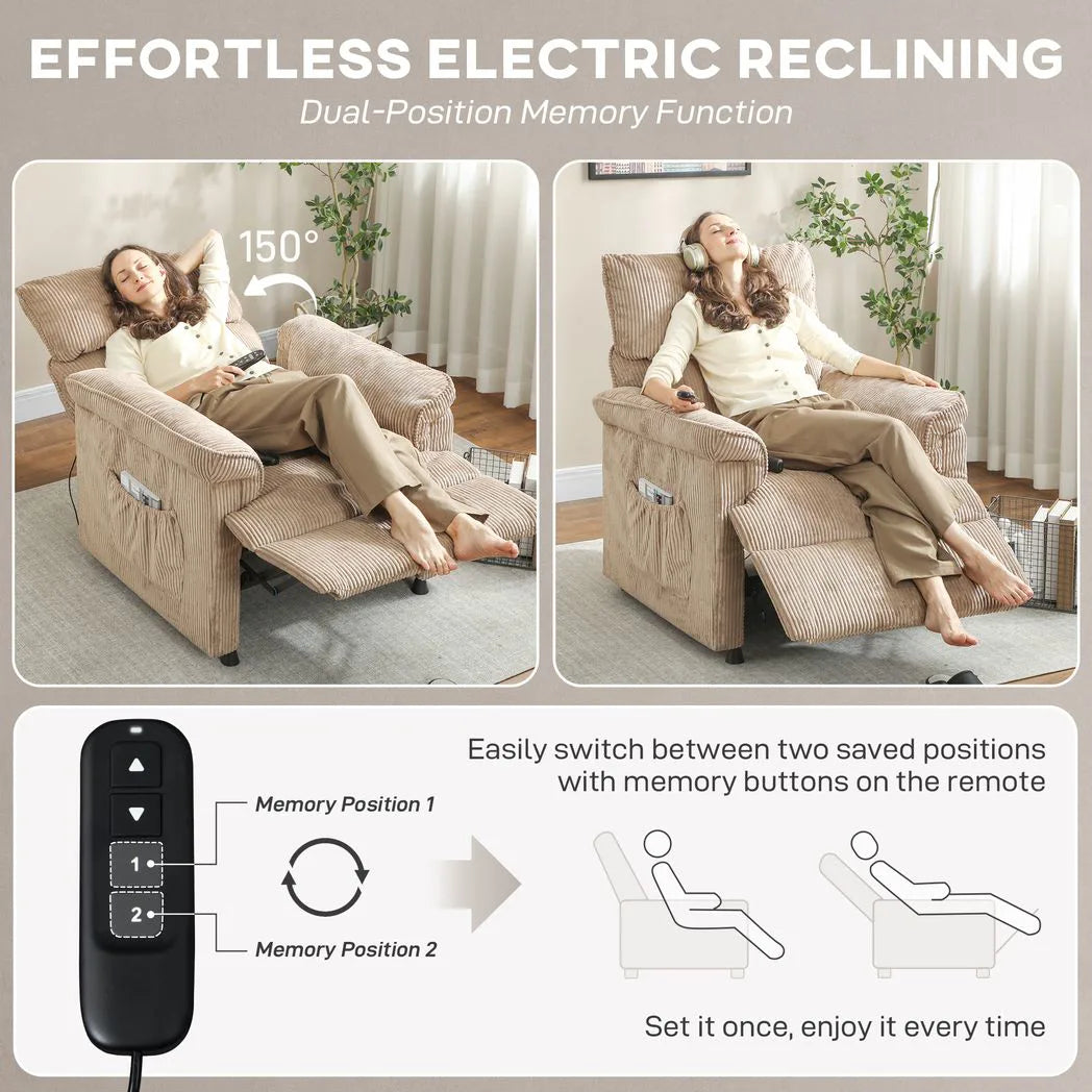 HOMCOM Corduroy Electric Massage Recliner Chair with Heat, Memory Function and USB Port – 150° Armchair, Brown