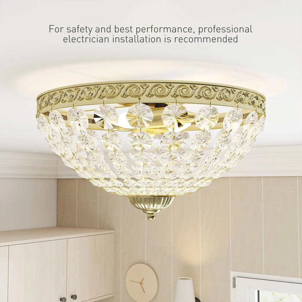 HOMCOM 2-Light Crystal Chandelier Flush Mount Ceiling Light with 168 Octagonal Beads – Vintage, Gold Tone