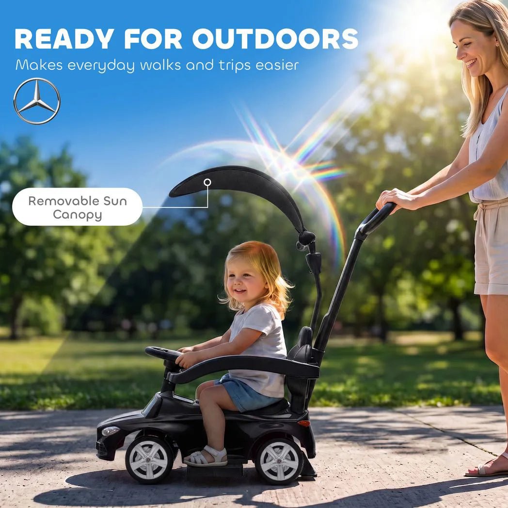 AIYAPLAY 4 in 1 Licensed Mercedes-Benz Ride On Push Car with Canopy, Guardrails, Horn and Music – 12–36 Months, Black