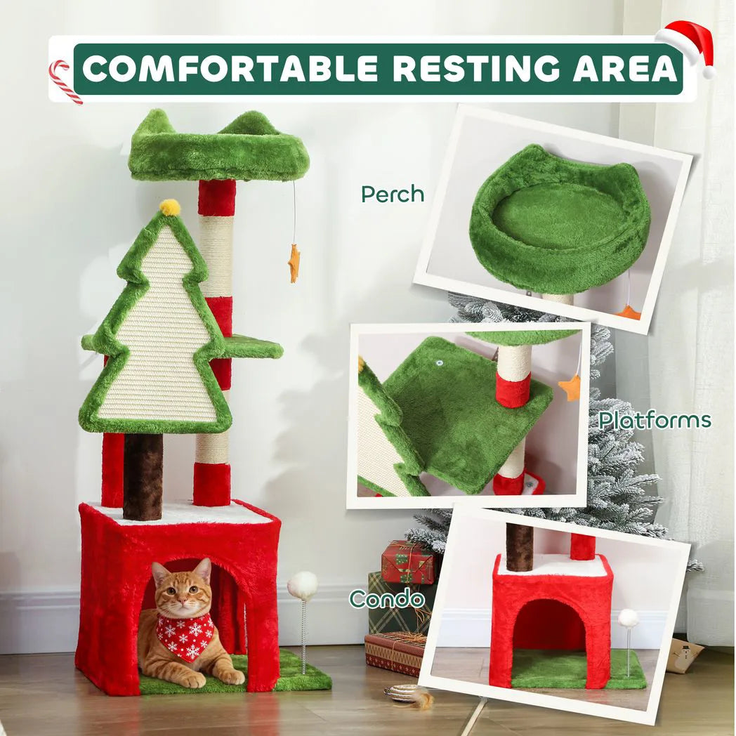 PawHut Christmas Cat Tree, 120cm Tower with Scratching Post, Bed, House and Toys – Festive Green