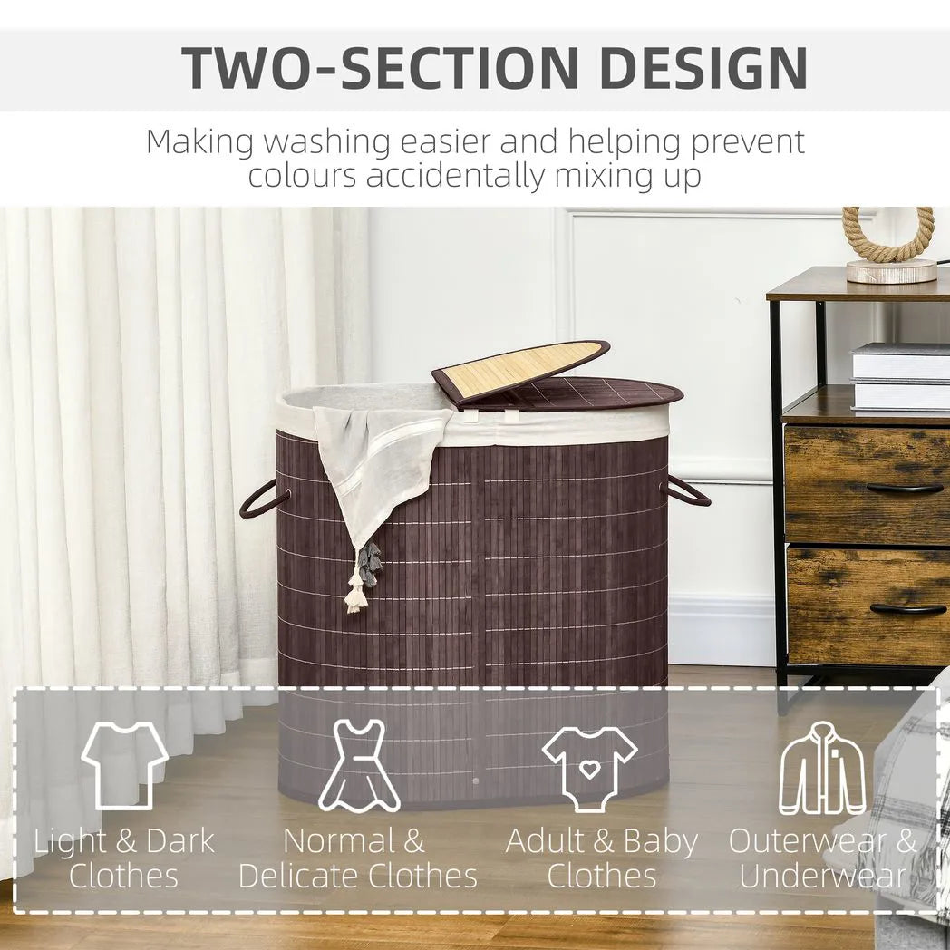 HOMCOM 100L Bamboo Laundry Basket with Lid, 2 Compartments & Removable Liner – Washing Hamper, Brown