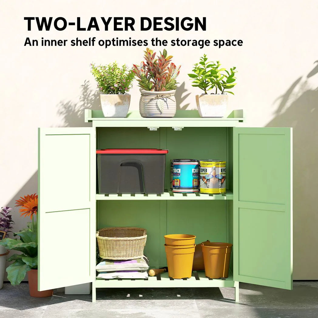 Outsunny Wooden Garden Tool Storage Cabinet with Hinged Roof, Double Doors and 2 Shelves – Light Green
