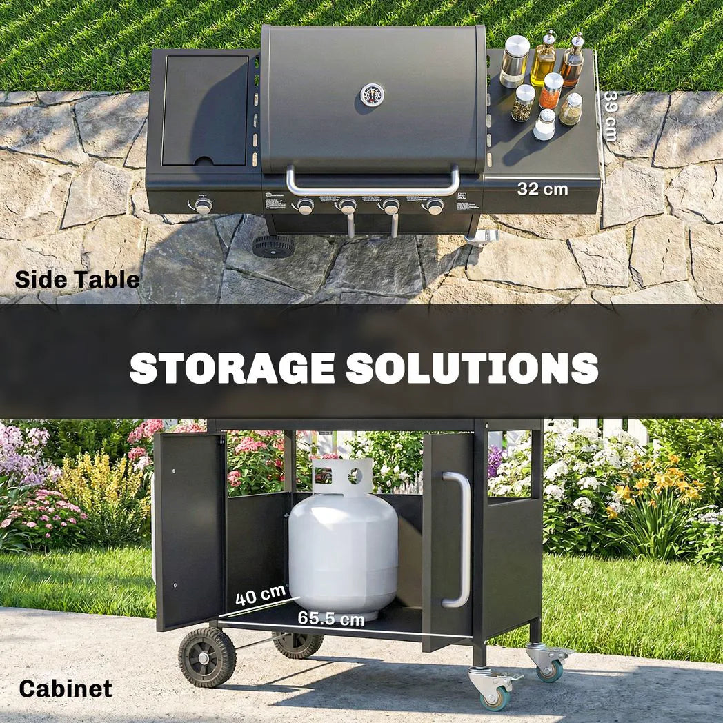 Outsunny 4 Burner Gas BBQ Grill with Storage Cabinet, 15.2 kW, Side Table & Warming Rack – Propane Barbecue Trolley on Wheels