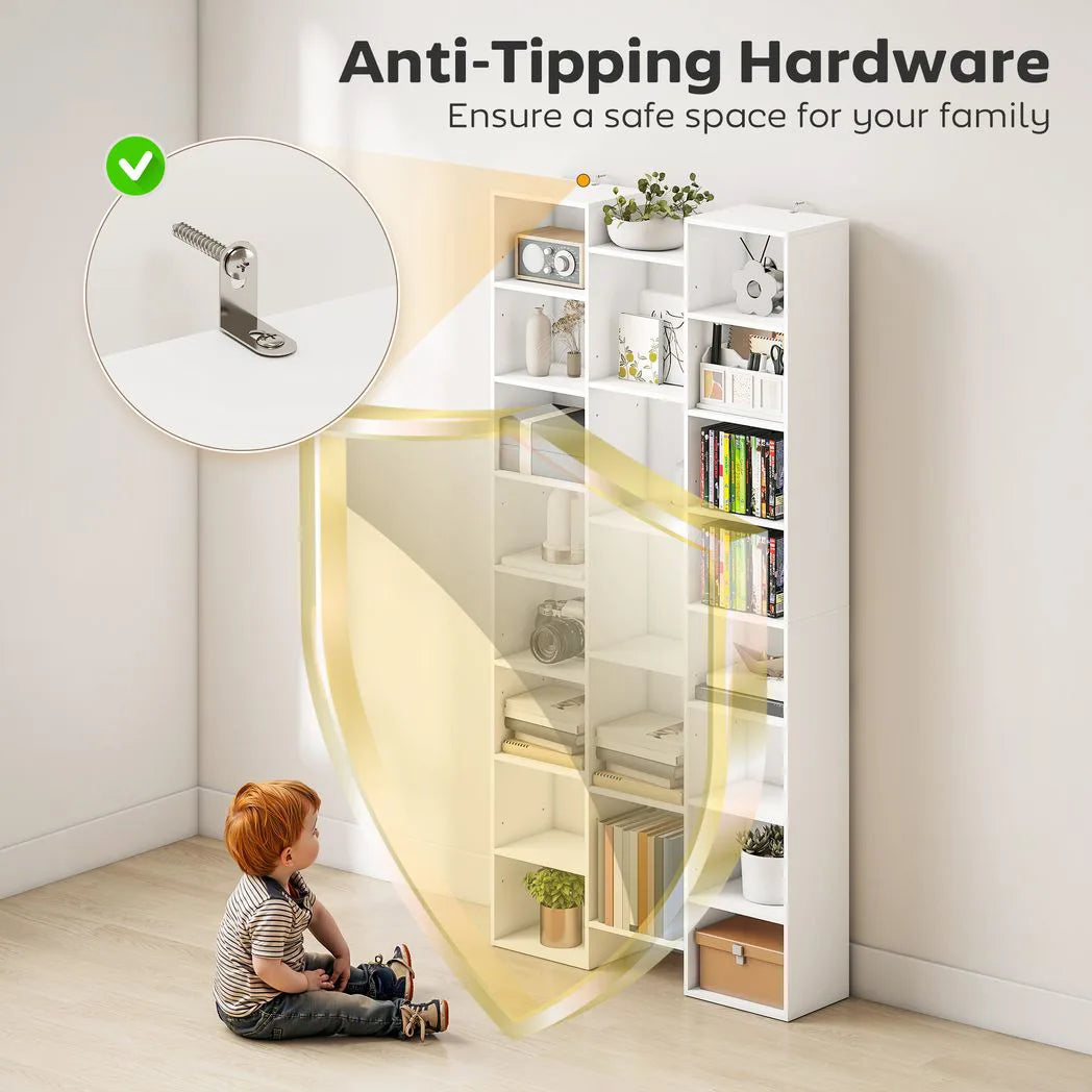 HOMCOM 21-Compartment Bookshelf with Asymmetrical Layout and Anti-Tipping Device – Steel and Board, White