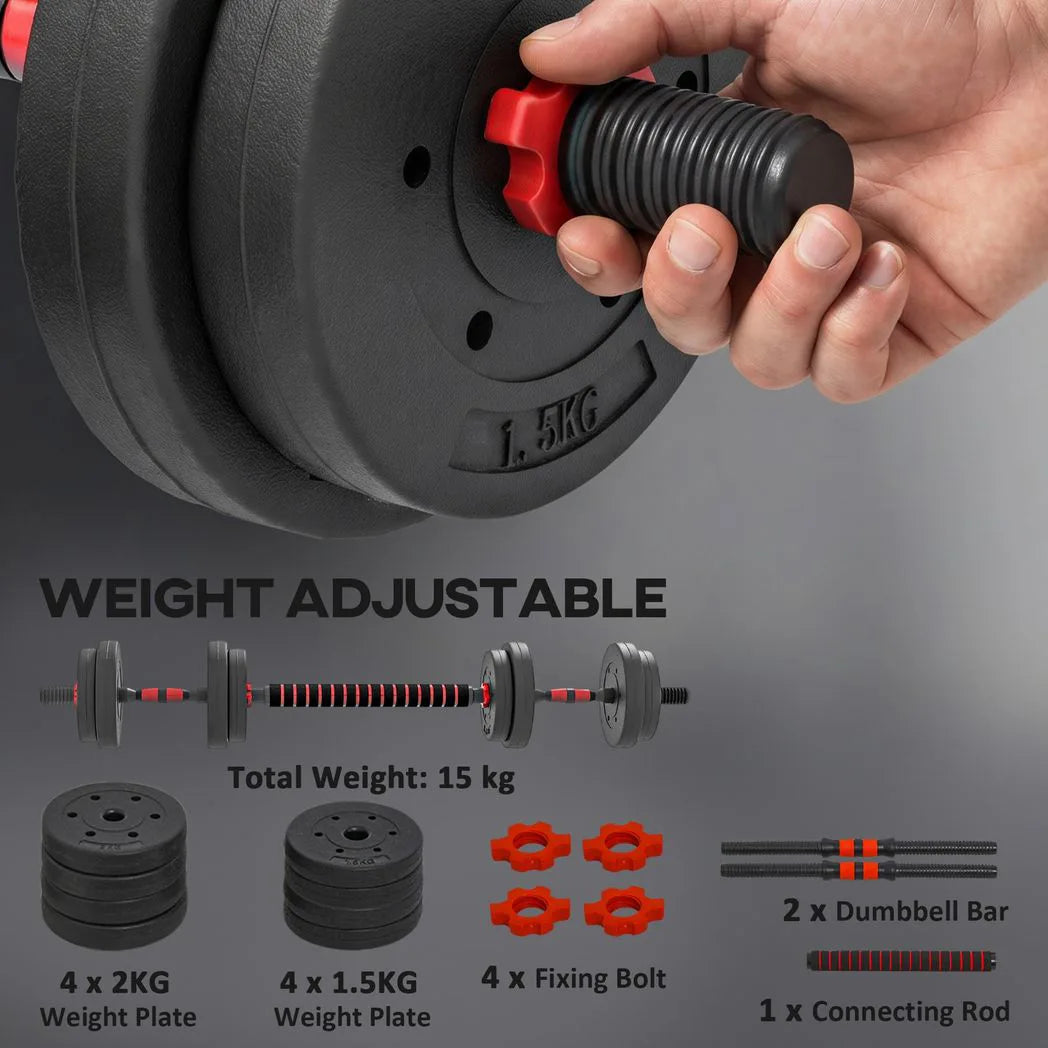 HOMCOM 15kg 2-in-1 Adjustable Dumbbell Set with Barbell Connecting Rod – Home Gym Hand Weights, Black