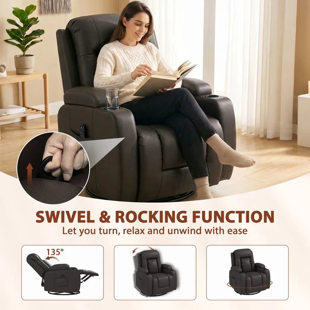 HOMCOM PU Leather Massage Recliner Chair with Heat, Extended Footrest, Cup Holders & Side Pockets – Dark Brown