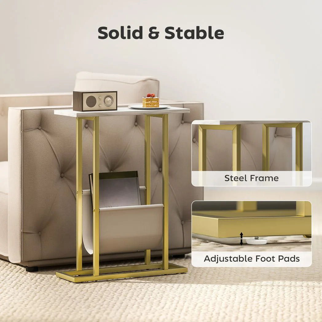 HOMCOM Narrow Side Table with Fabric Shelf – Slim Two-Tier End Table for Bedroom, White Marble Effect