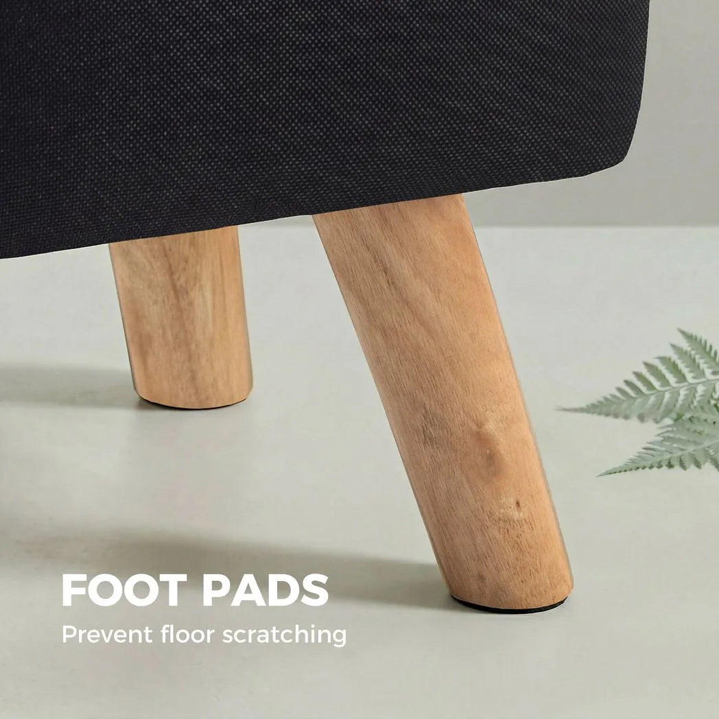 HOMCOM Linen-Look Square Padded Footstool with Wooden Legs – Leg Rest and Vanity Stool, Black