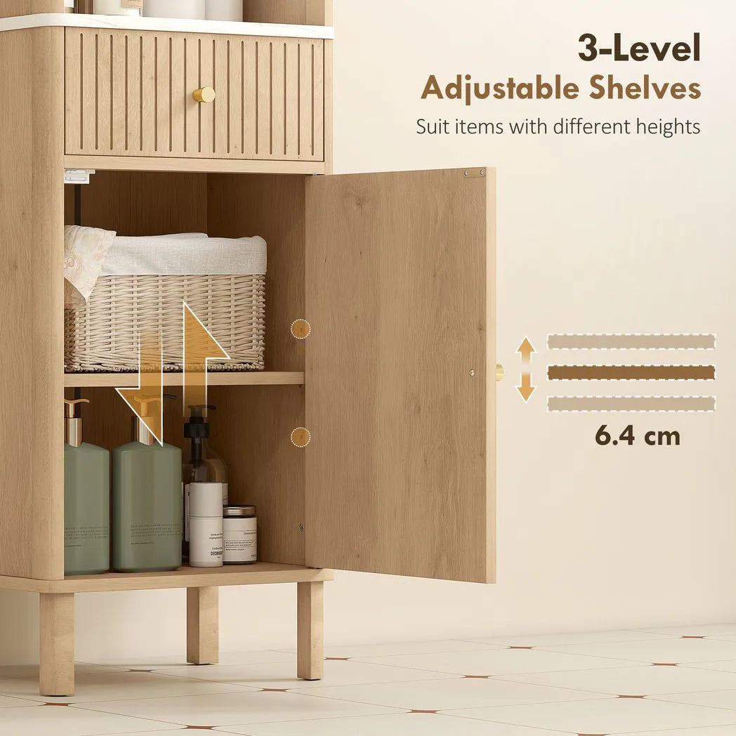 HOMCOM Slim Tall Bathroom Cabinet with Drawer and Adjustable Shelves – Scandinavian Style Storage, Wood-Effect