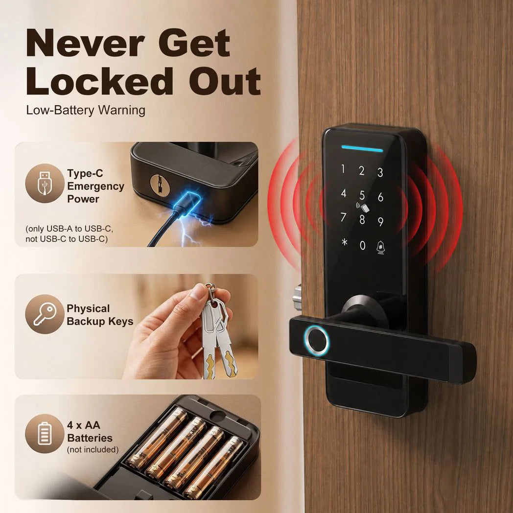 HOMCOM 5-in-1 Smart Door Lock with Fingerprint, Passcode, App and NFC Card – Keyless Entry, Doorbell
