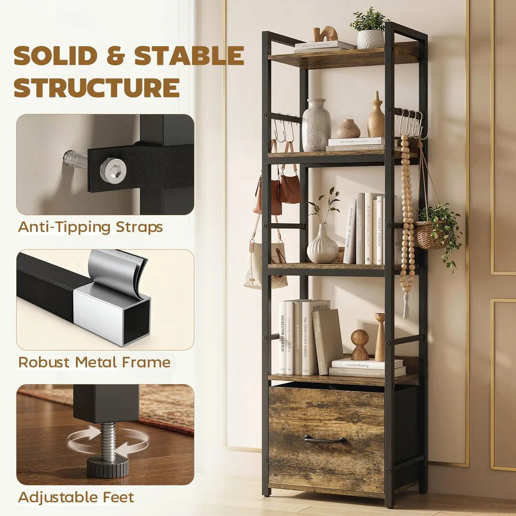 HOMCOM 4-Tier Narrow Bookcase with Drawer, 8 Hooks & Anti-Tip Straps – Slim Storage Shelf, Rustic Brown