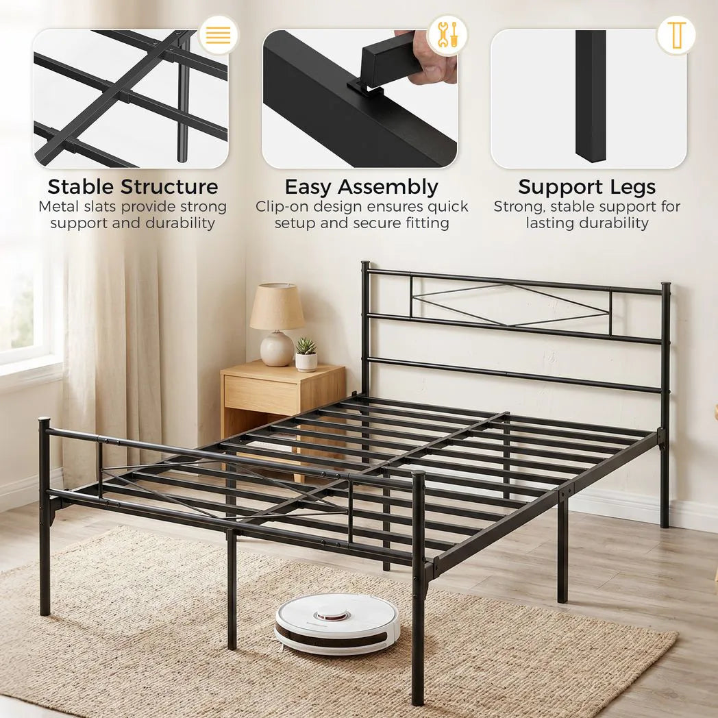 HOMCOM 4ft6 Double Metal Bed Frame with Diamond Headboard and Footboard – Platform Bed, Black