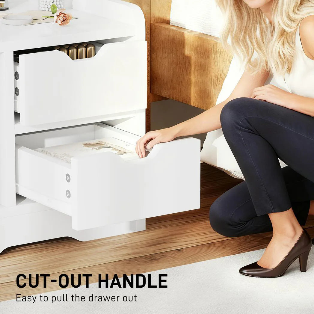HOMCOM Bedside Table with 2 Drawers and Open Shelves – Cut-Out Handles, High Gloss White Nightstand
