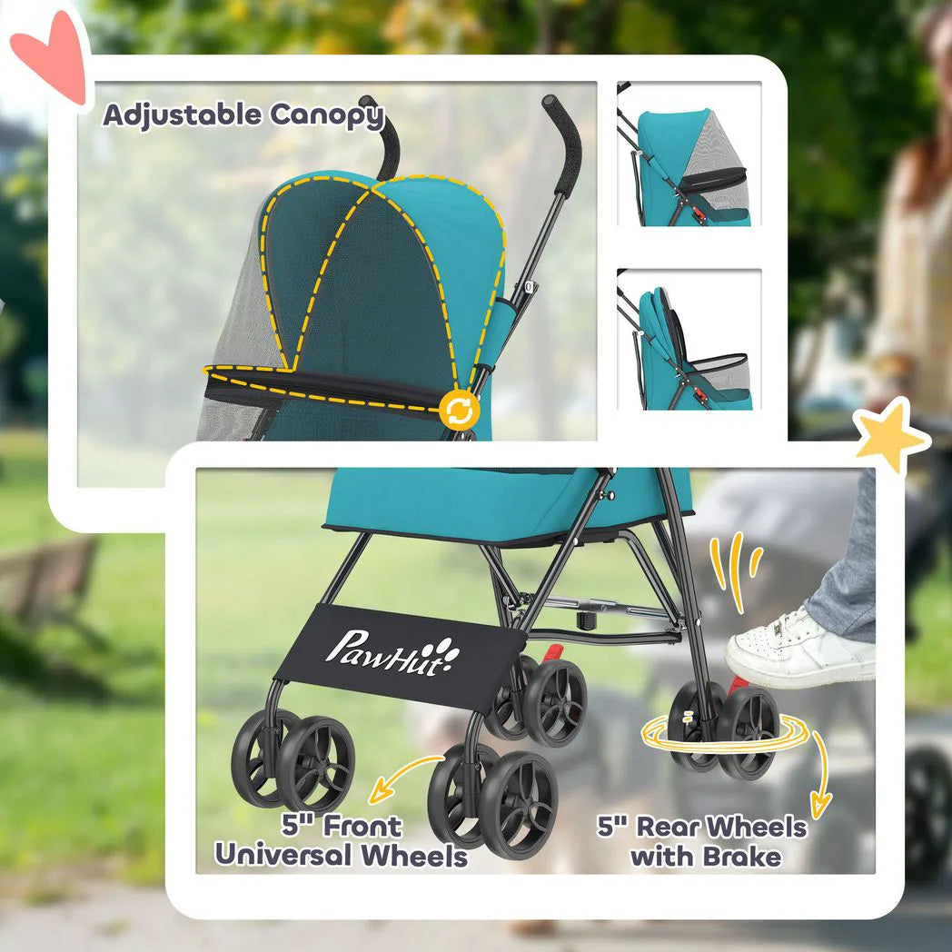 PawHut Foldable Dog Stroller for Miniature Breeds with Brakes & Mesh Windows – Cat and Dog Pram, Dark Green
