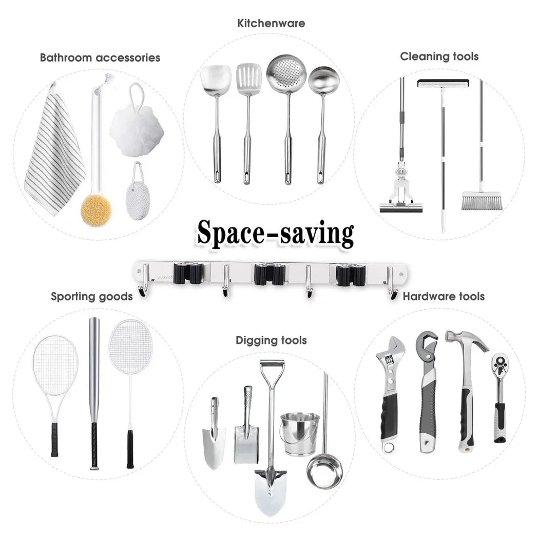 Wall-Mounted Broom & Mop Holder with 3 Slots and 4 Hooks – Stainless Steel Garage Tool Organiser, Silver