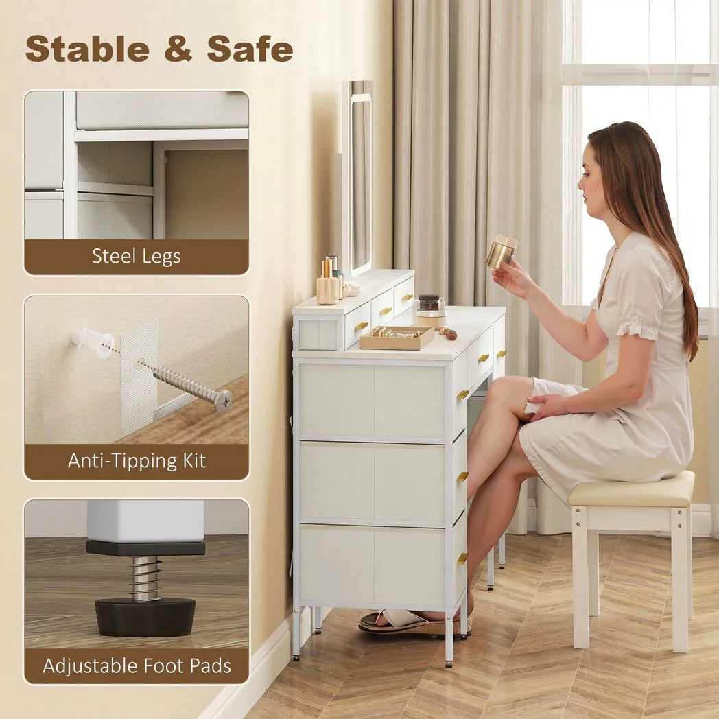 HOMCOM Dressing Table with LED Mirror and 10 Fabric Drawers – Makeup Vanity with Adjustable Lighting, White
