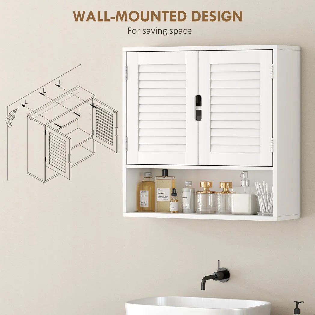 HOMCOM Wall Mounted Bathroom Cabinet with Adjustable Shelves – 60 cm Louvred Door Storage, White