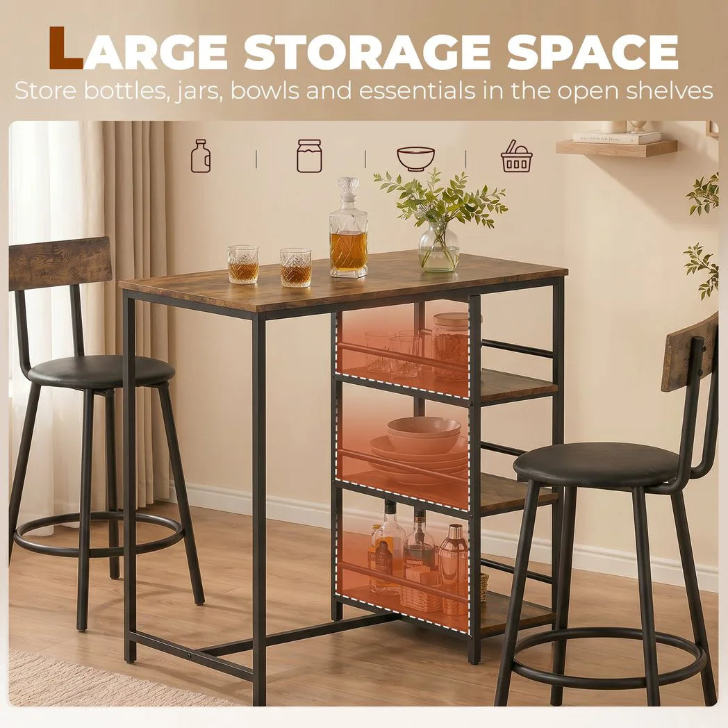 HOMCOM 3-Piece Bar Table and PU Leather Stools Set with Storage Shelves – Breakfast Bar for 2, Rustic Brown