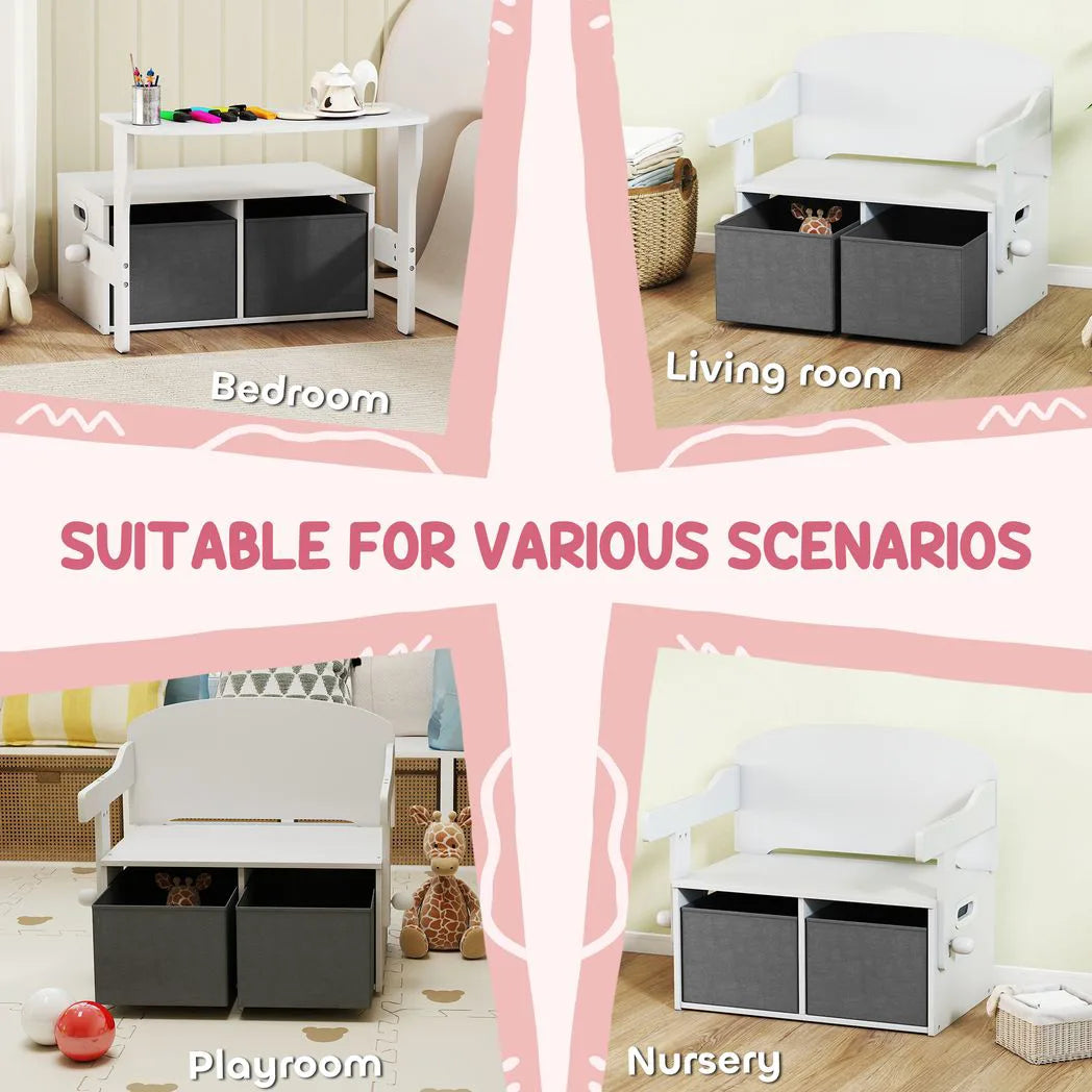 AIYAPLAY 3 in 1 Kids Storage Bench – Convertible Table and Chair Set with 2 Fabric Bins and Toy Box, White
