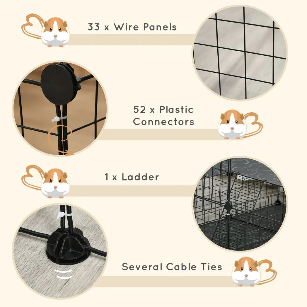 PawHut Small Animal Playpen with Door – Metal Mesh Cage for Guinea Pigs and Rabbits, 175cm, Black