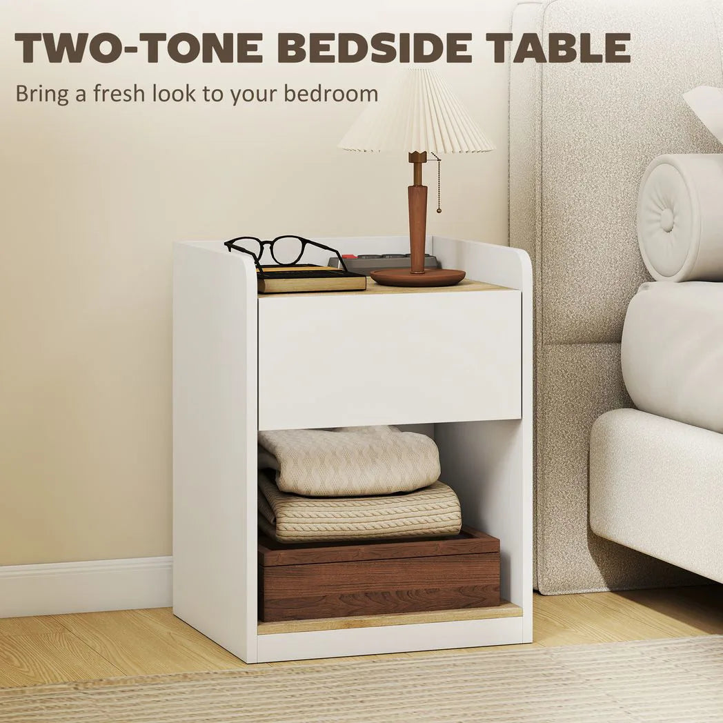 HOMCOM Slim Bedside Table with Drawer, Open Shelf and Cable Holes – Compact Nightstand, White and Oak