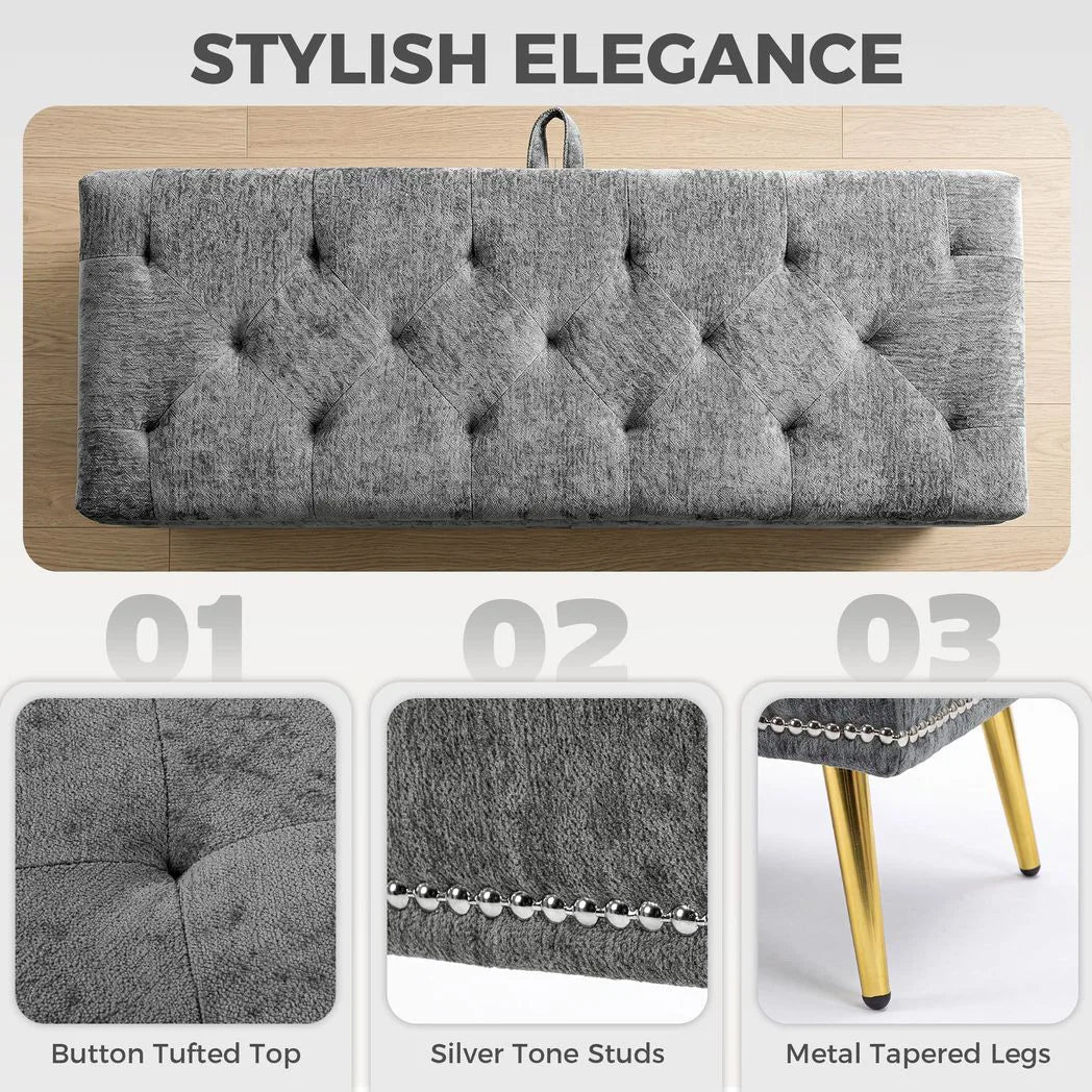HOMCOM Chenille Storage Ottoman Bench with Padded Seat and Metal Legs, 114 x 41 x 45cm – End of Bed Seat, Grey