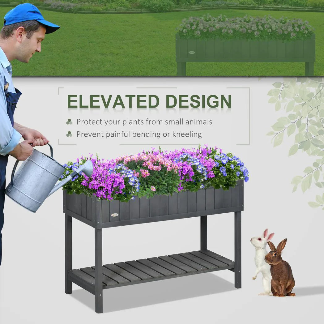 Outsunny Fir Wood Raised Planter with 8 Compartments and Bottom Shelf – Garden Plant Stand, Dark Grey