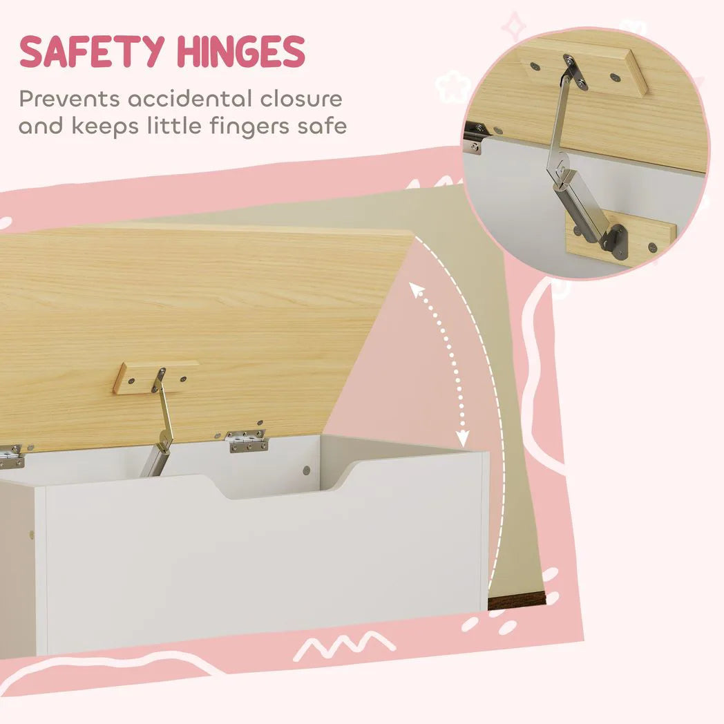 AIYAPLAY Toy Box with Lid, Wheels & Safety Hinges – White Rolling Toy Chest for Playroom & Bedroom