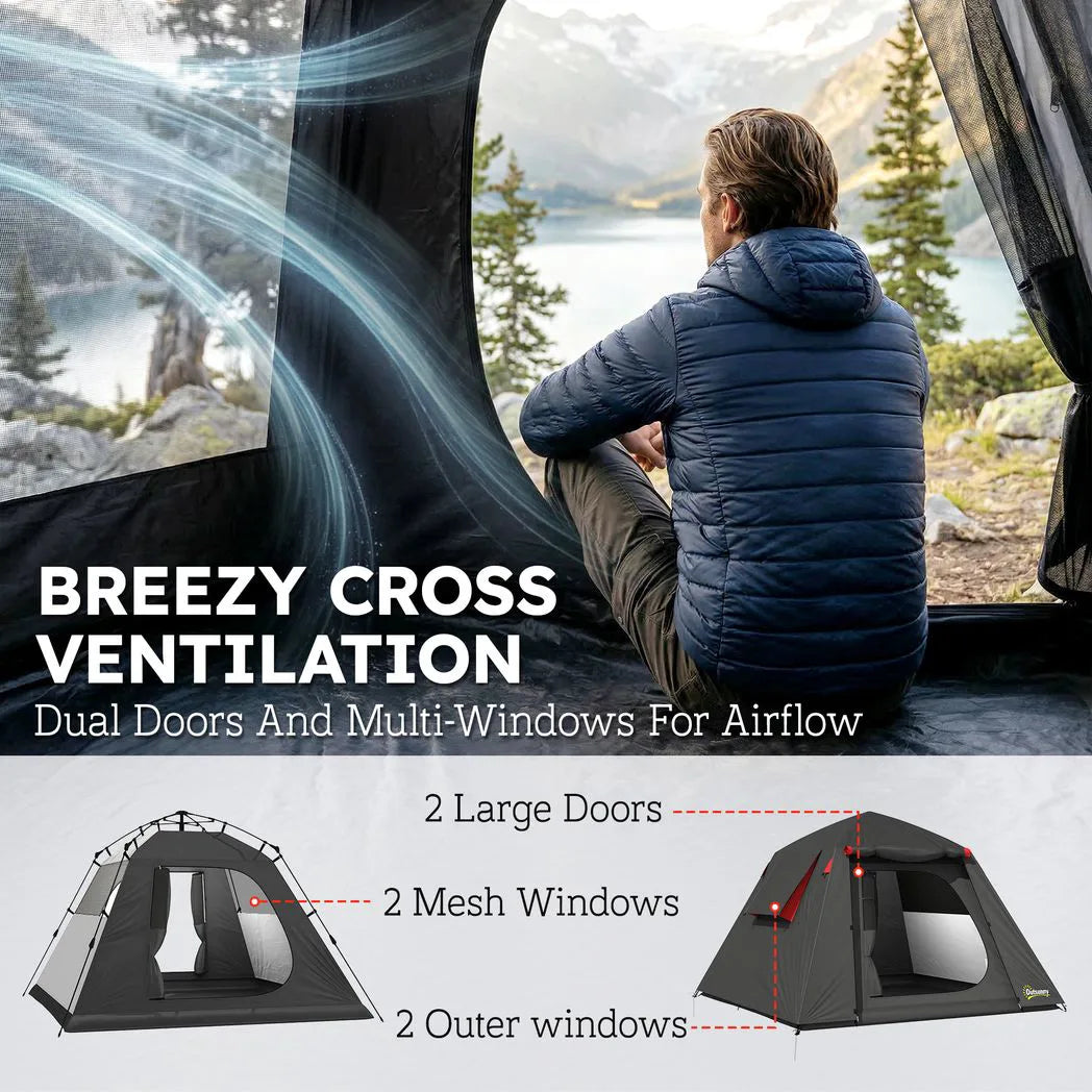Outsunny 2-Person Camping Tent with 3000mm Waterproof Rating, 2 Doors & Mesh Windows – Dark Grey and Red