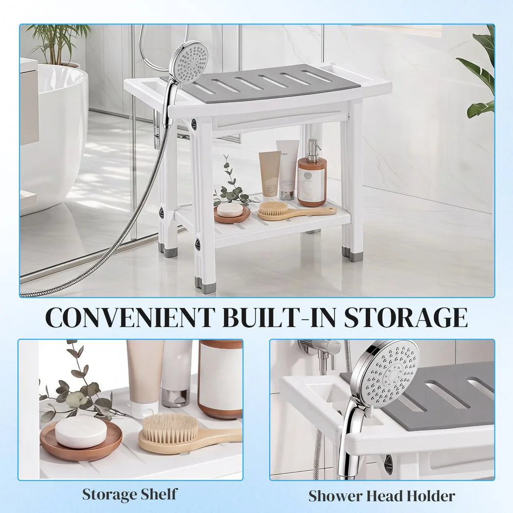 HOMCOM 2-Tier Shower Bench with Shelf, Shower Head Holder & EVA Seat Pad – Bathroom Stool, White and Grey