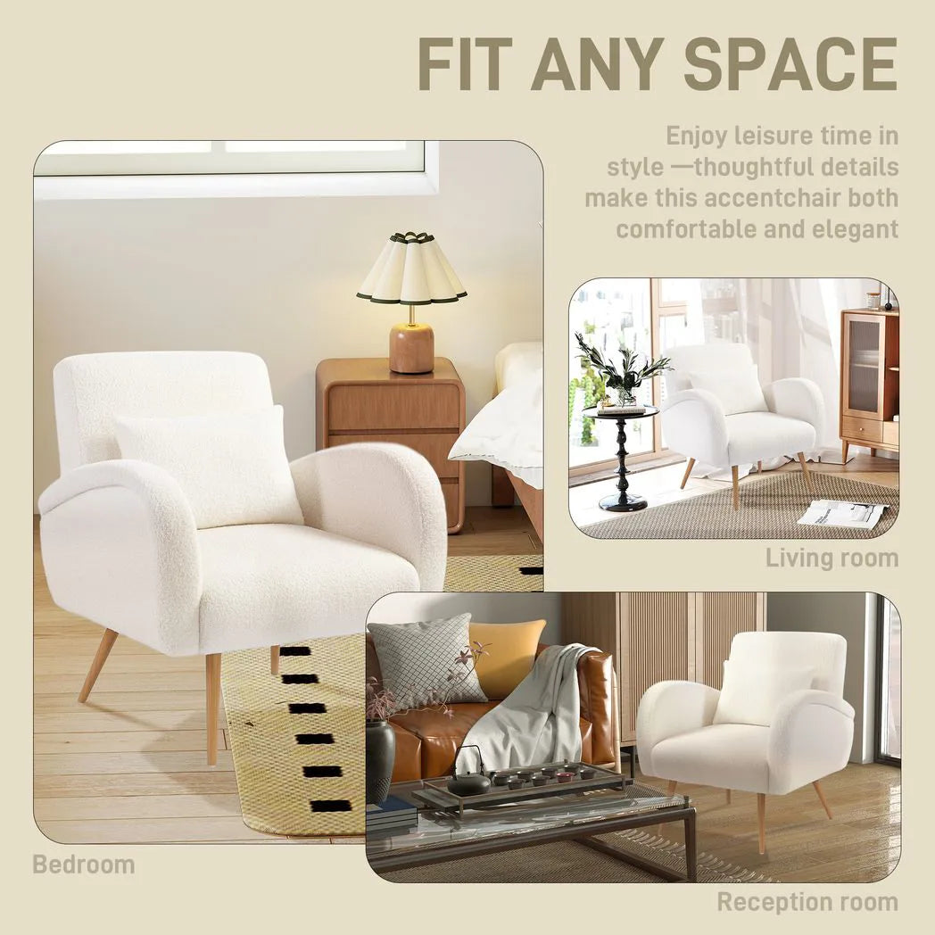 HOMCOM Teddy Fleece Accent Chair with Metal Legs and Curved Armrests – Living Room Armchair, Cream White